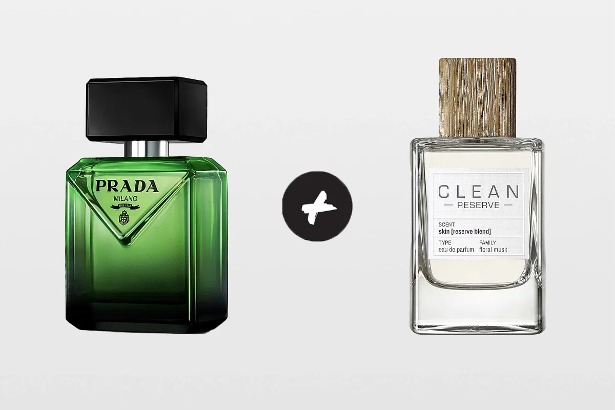 Kaksi hajuvettä vaalealla taustalla: vihreä pullo, jossa lukee PRADA MILANO DAL 1913, sekä läpinäkyvä CLEAN RESERVE -pullo, jossa on puunsävyinen korkki. CLEAN RESERVE -etiketissä lukee SCENT skin [reserve blend], TYPE eau de parfum ja FAMILY floral musk.