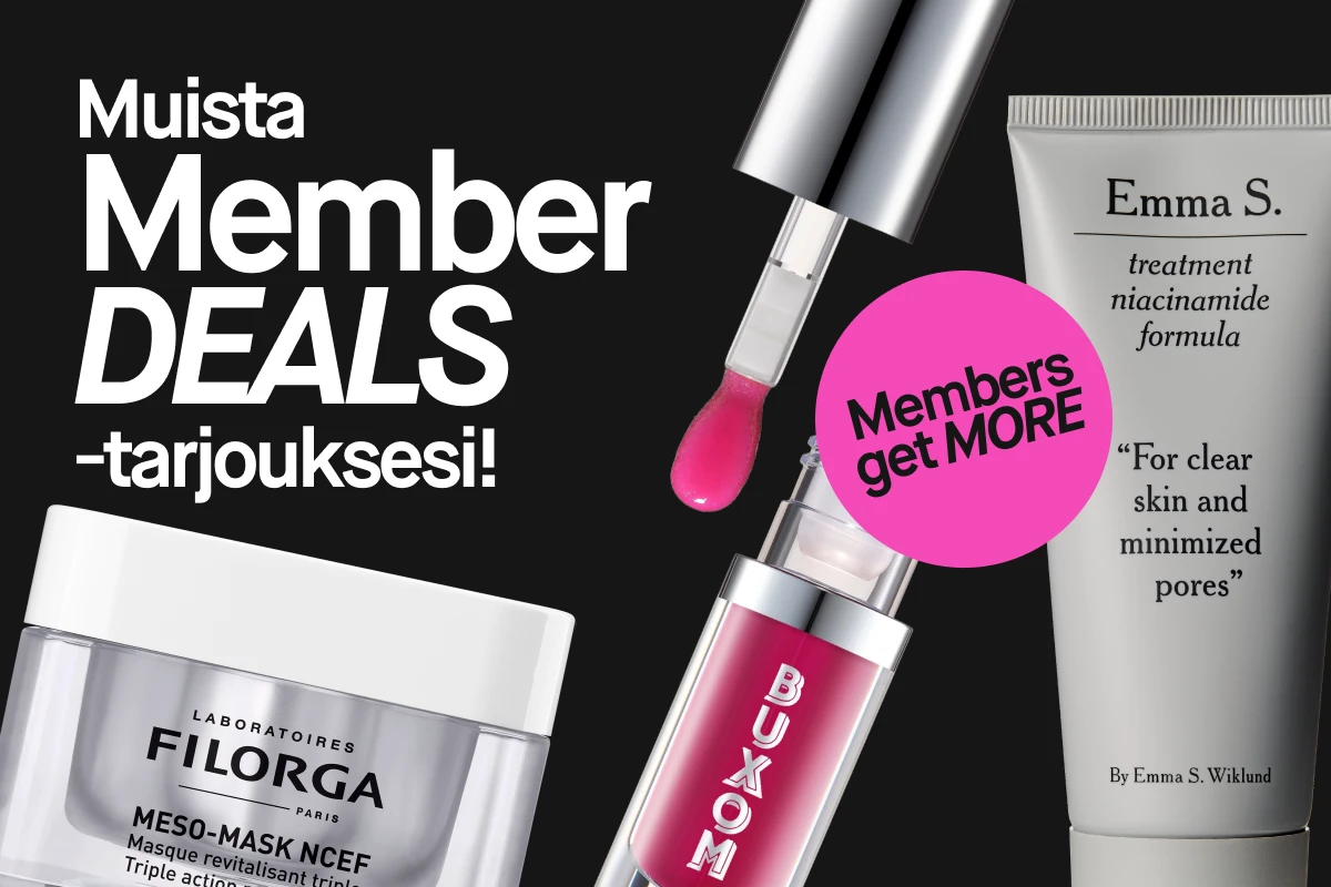 Kampanjakuva useista kauneustuotteista, teksti ”Kom ihåg dina Member DEALS!” ja merkintä Members get MORE mustaa taustaa vasten.