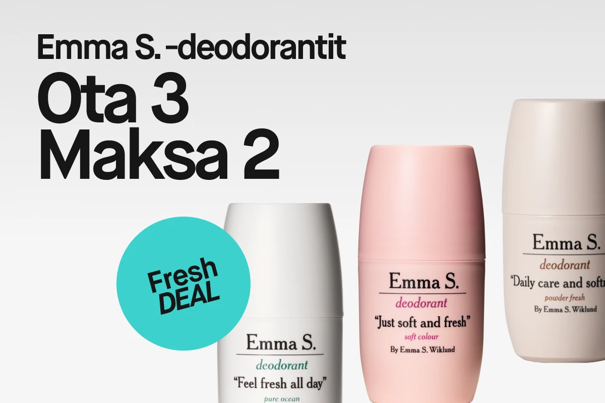 Emma S. deodorantit tarjous: Osta 3, maksa 2. Kuvassa kolme Emma S. deodoranttipulloa eri väreissä. Fresh DEAL -tarra.