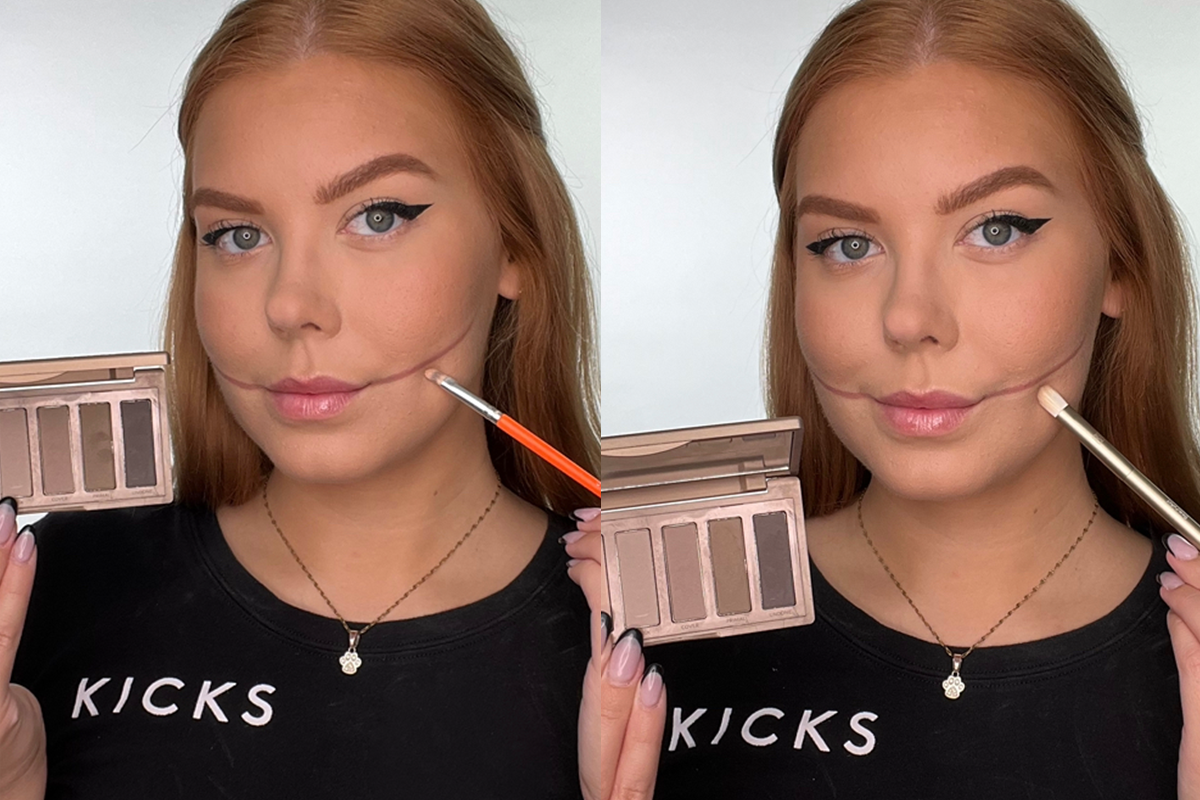 Sida vid sida-bilder av en kvinna med utdragen munvinkelmakeup. Hon håller i en ögonskuggspalett och använder en borste för att blanda ut sminklinjen från mungipan.