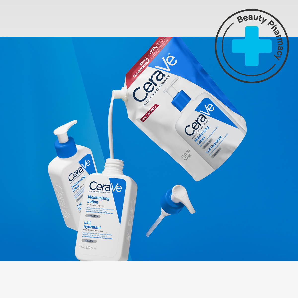 CeraVe återfuktande lotion och refillpåse, placerade mot en blå bakgrund, framhäver produktens praktiska och miljövänliga egenskaper.