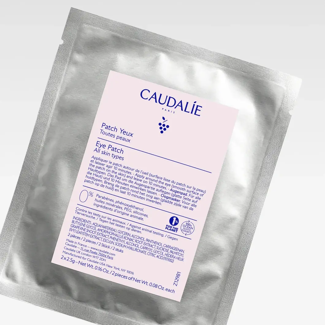 Caudalie Paris Eye Patch förpackning för alla hudtyper, innehåller 2x2,5g ögonlappar.