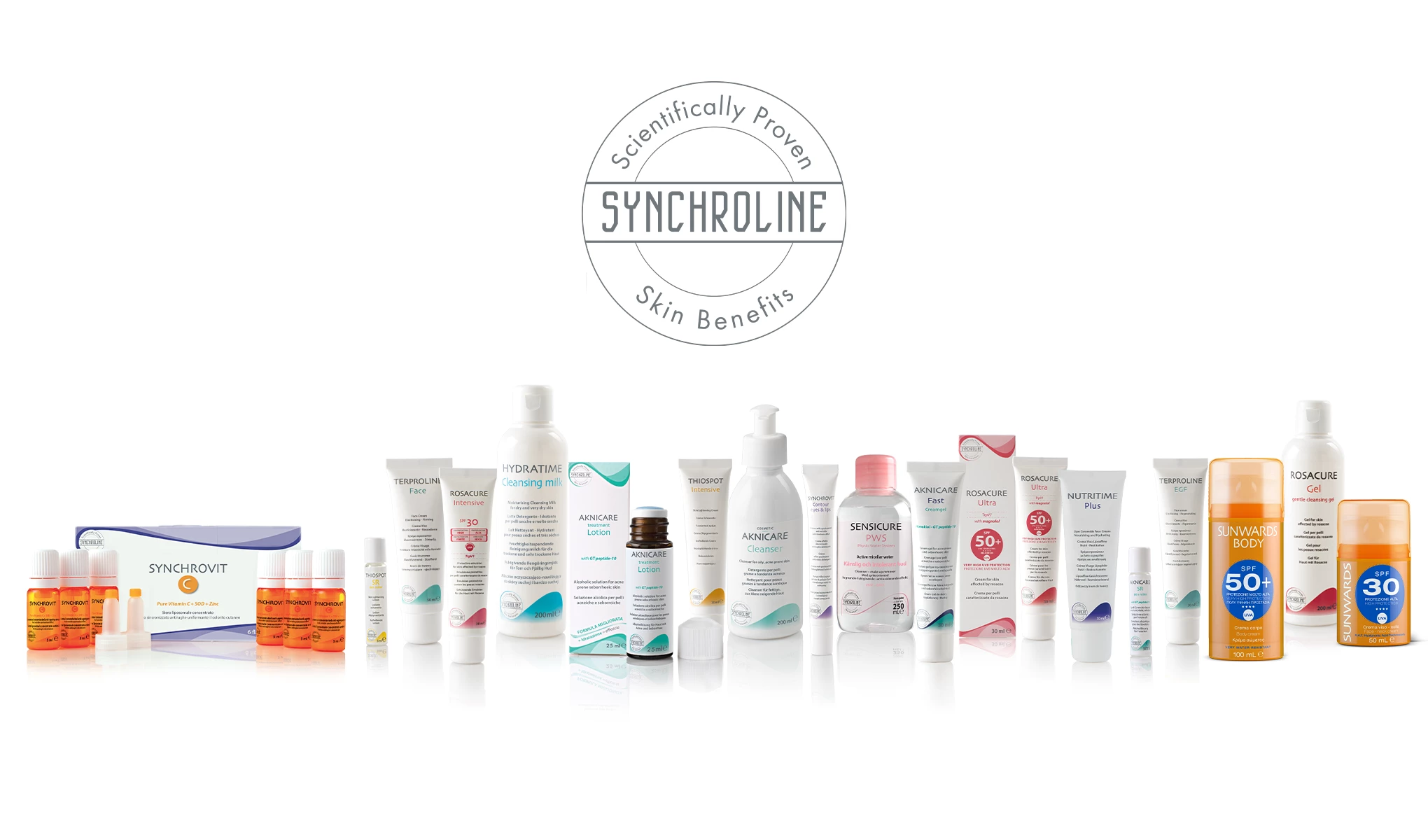 En rad hudvårdsprodukter från Synchroline placerade på en vit yta mot en vit bakgrund. Produkterna inkluderar olika krämer, rengöringsprodukter, solskydd och serum. Texten "Scientifically Proven Skin Benefits" och "SYNCHROLINE" är placerad ovanför produkterna i en cirkel.