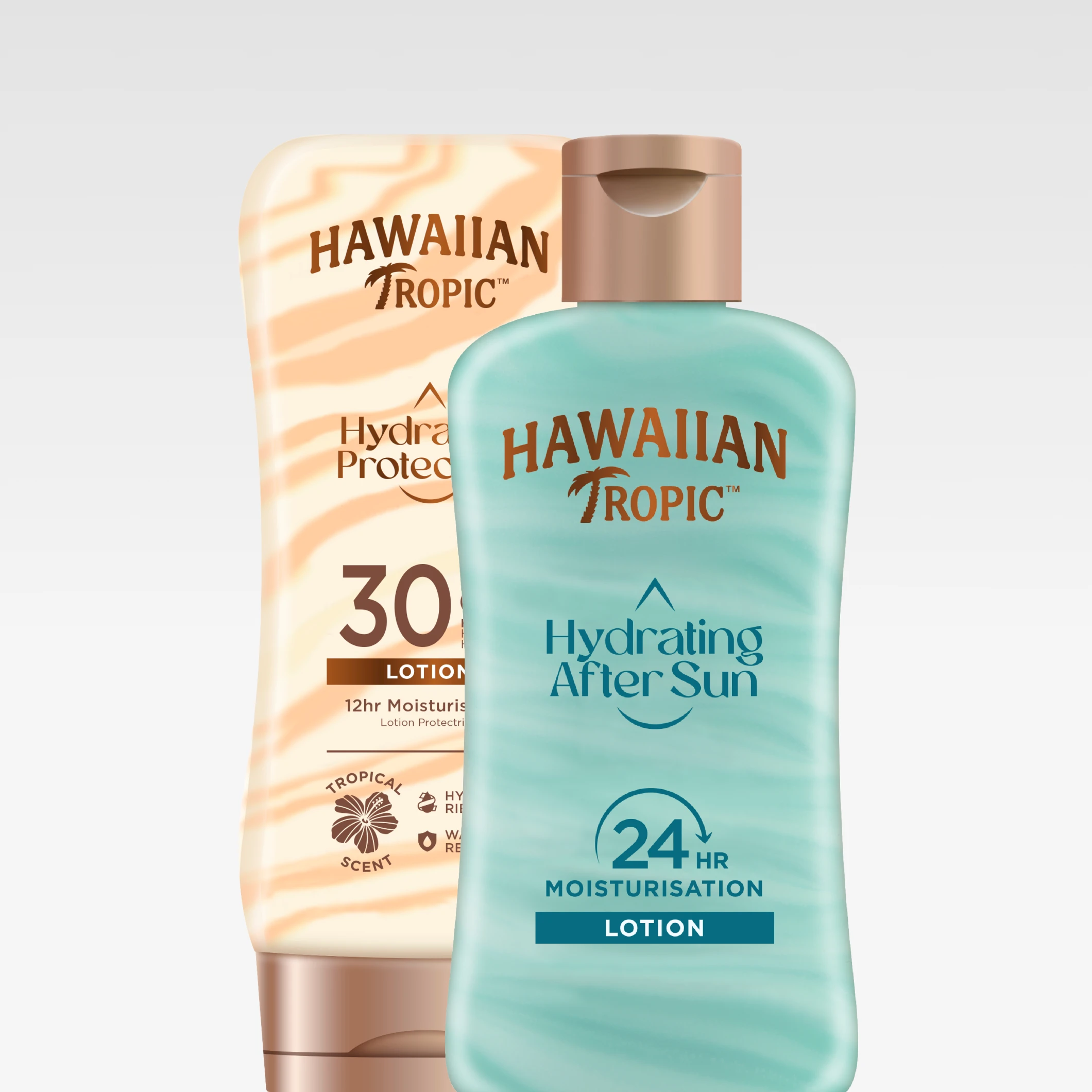 Hawaiian Tropic Hydrating Protection Lotion SPF 30 tillsammans med Hawaiian Tropic Hydrating After Sun 24 HR Moisturisation Lotion.