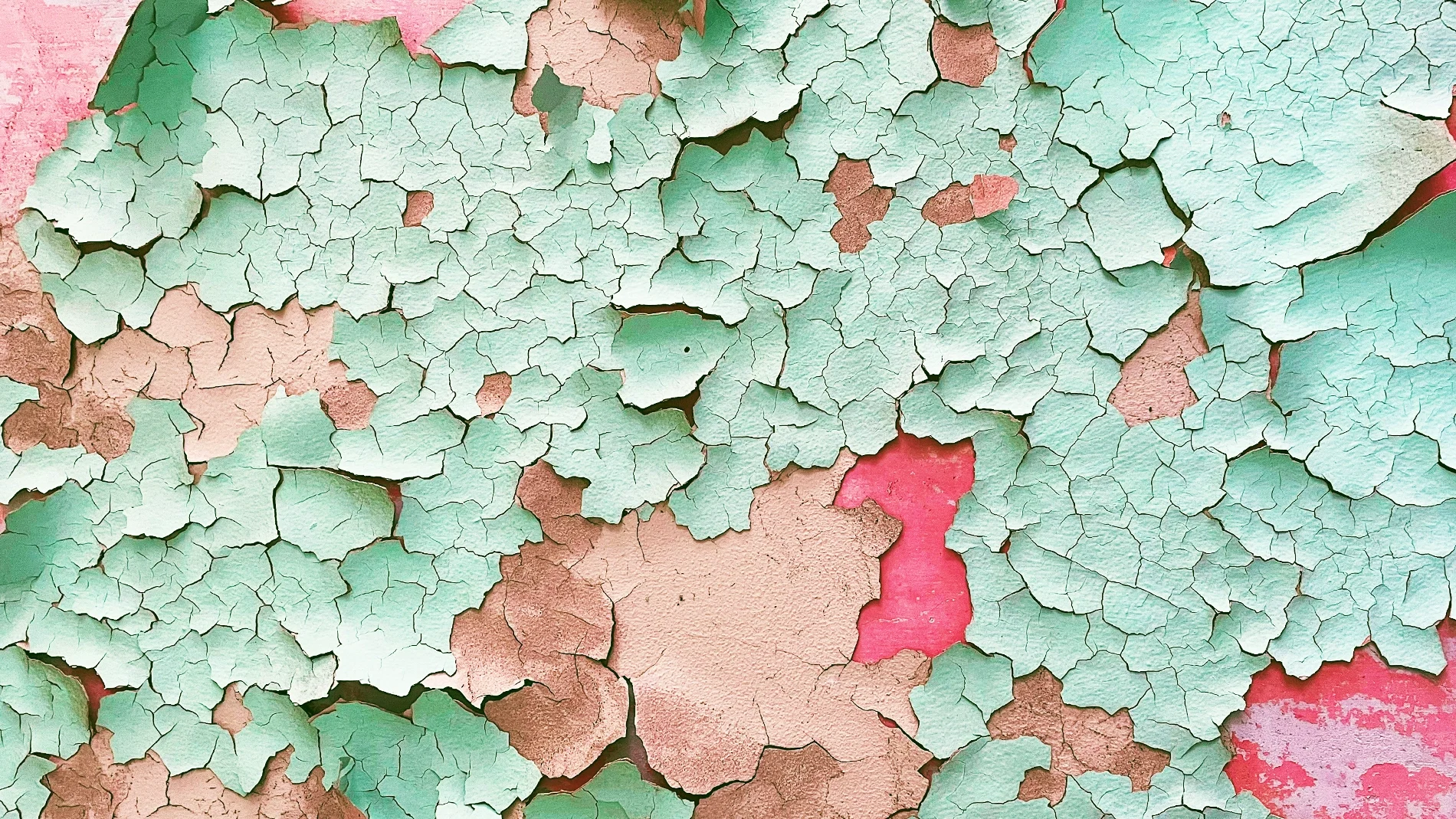 Närbild av en vägg med flagnande färg i turkosa, rosa och beige nyanser som avslöjar flera lager underliggande färg.