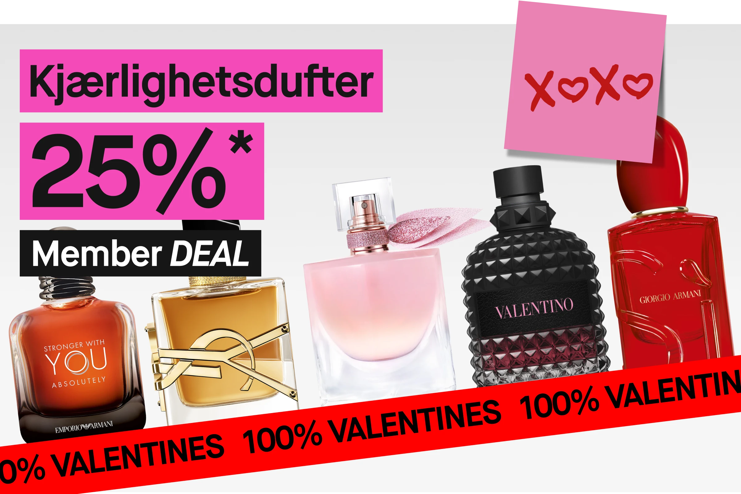 Flere parfymeflasker fra Emporio Armani, Mugler, Yves Saint Laurent, Valentino og Giorgio Armani arrangert diagonalt mot lys bakgrunn. En rosa kampanjeboks med teksten «Kjærlighetsdufter 25%» og merkingen «Member Deal» vises.