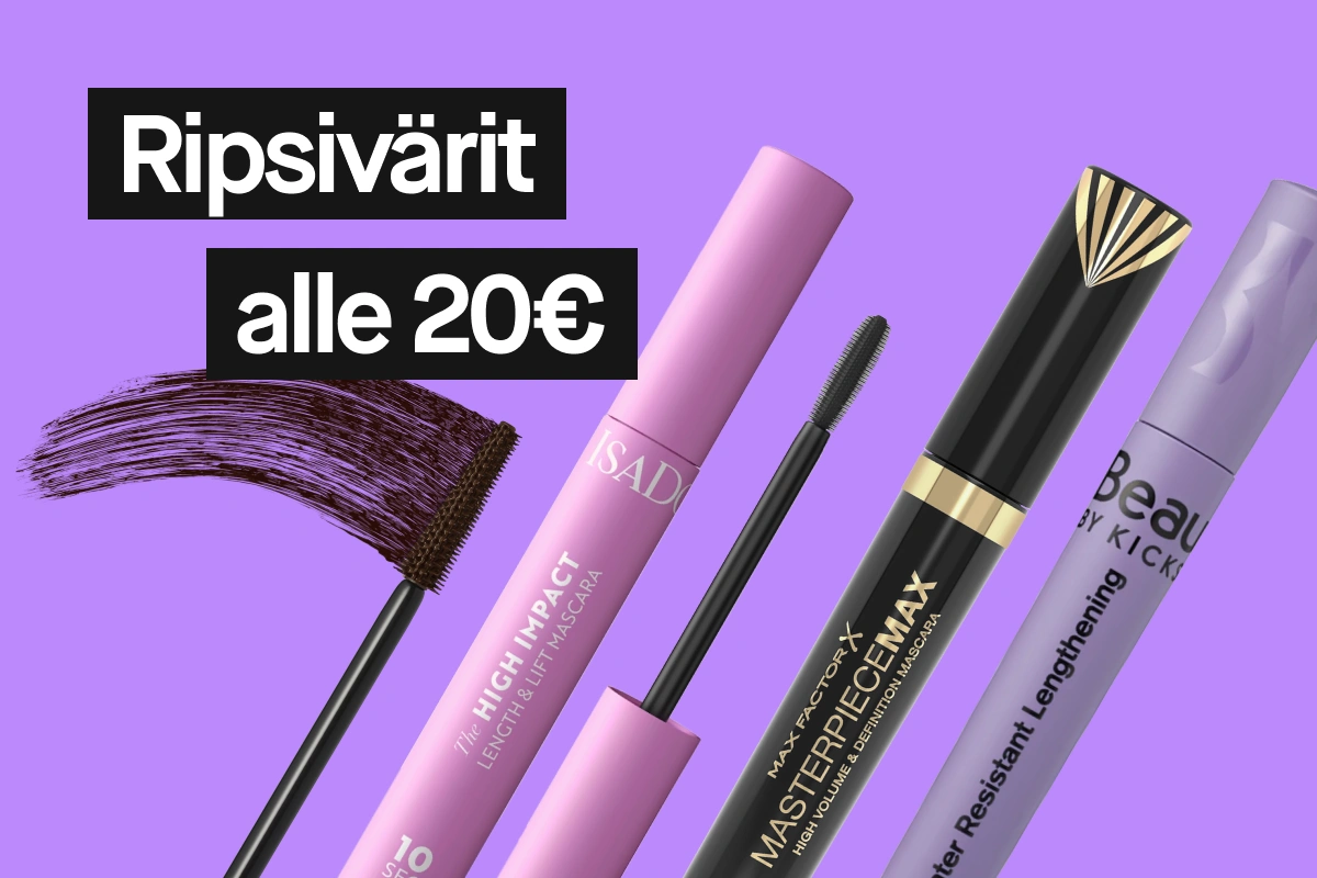 Teksti “Mascaror under 200 kr” näkyy useiden ripsivärien ja ripsiväriharjan kanssa.