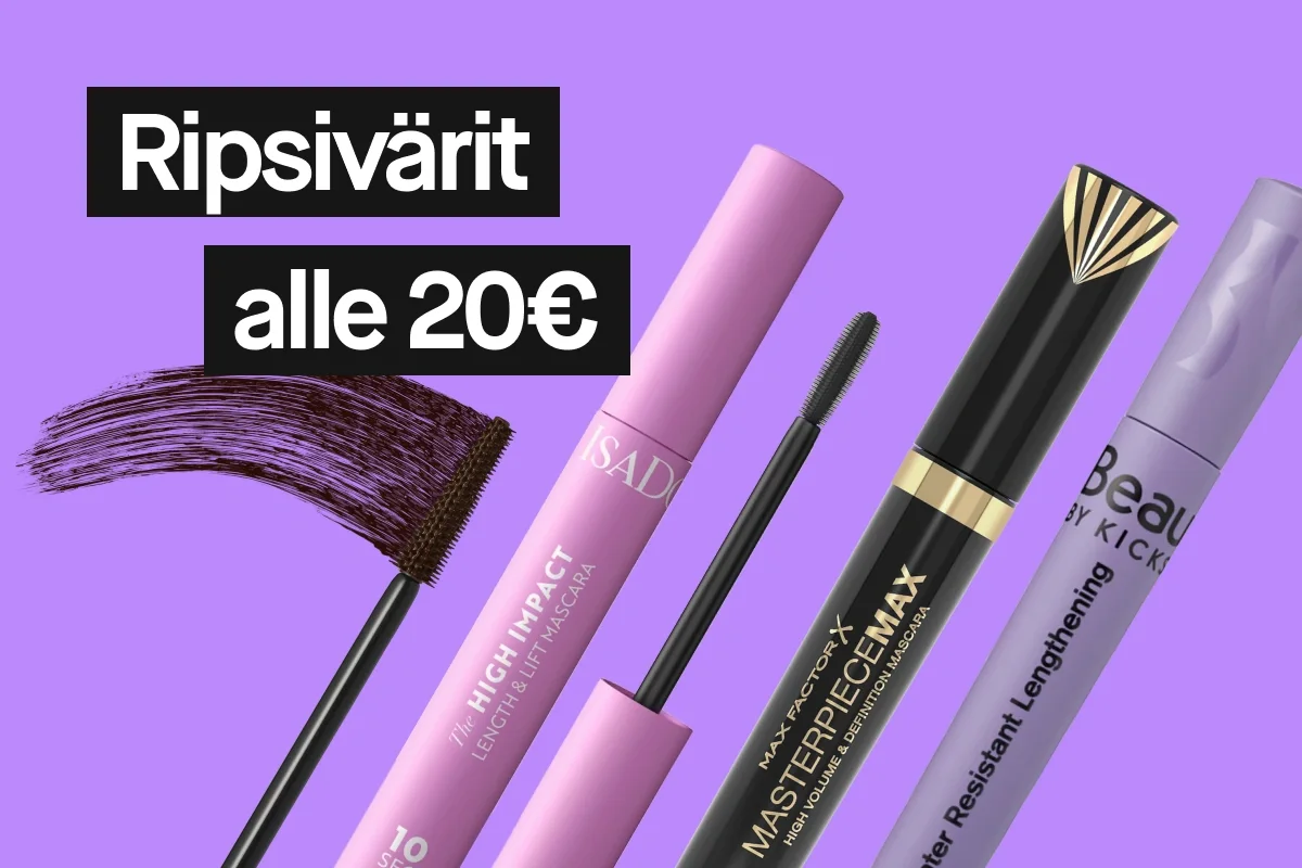 Teksti “Mascaror under 200 kr” näkyy useiden ripsivärien ja ripsiväriharjan kanssa.