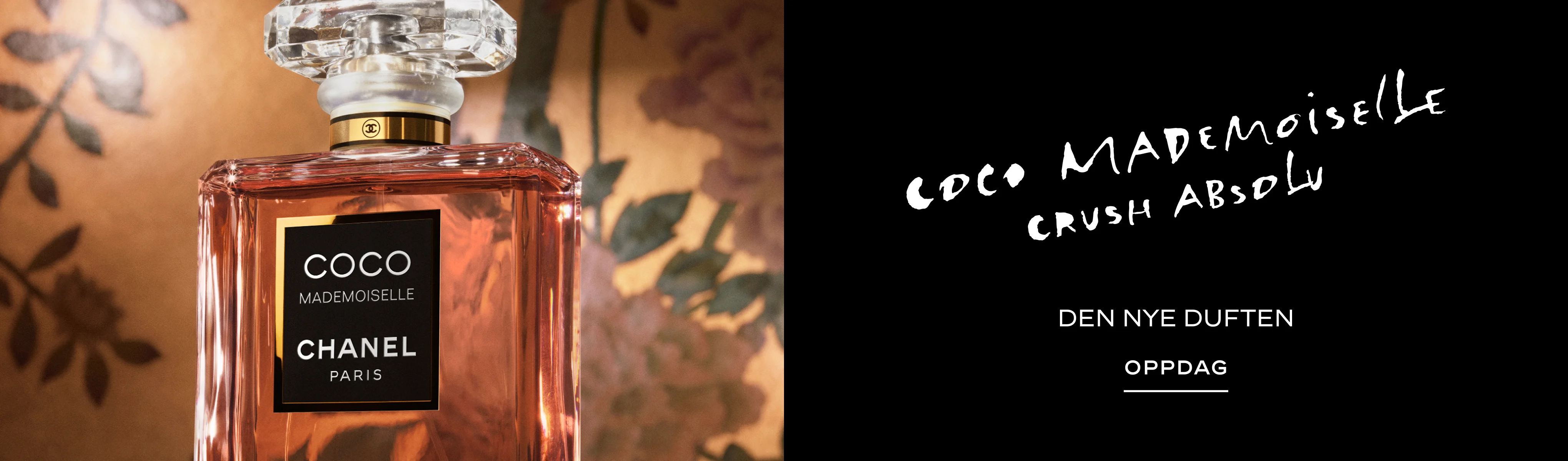 CHANEL Coco Mademoiselle Crush Absolu-parfymeflaske. Tekst: «Coco Mademoiselle Crush Absolu. Den nye duften. Oppdag.»