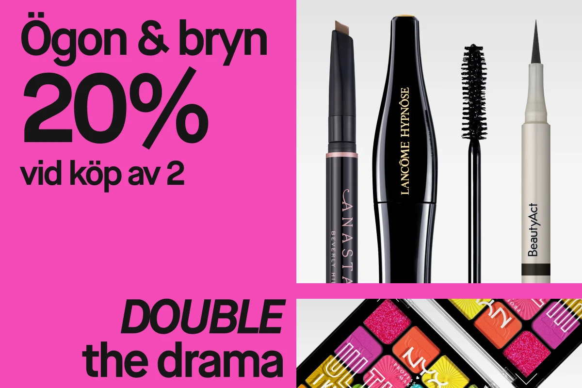  Produkter för ögon och bryn från Anastasia, Lancôme, BeautyAct och NYX, mot en rosa bakgrund med texten "Ögon & bryn 20% vid köp av 2" och "DOUBLE the drama" i svart.