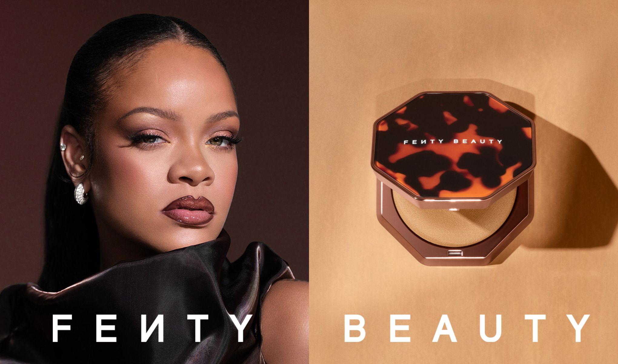 Meikkituote ja lähikuva meikatusta henkilöstä Fenty Beauty -mainoskuvassa.