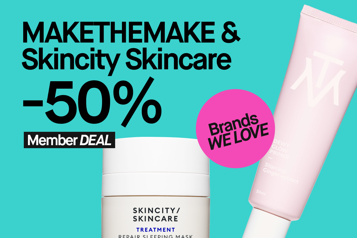 MAKETHEMAKE & Skincity Skincare -50% alennuksella. Kuvassa Skincity Skincare Treatment Repair Sleeping Mask ja MAKETHEMAKE Dewy Glow Primer. Brands We Love -tarra näkyvissä.