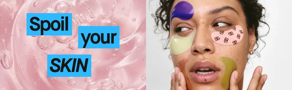 Rosa gel med bobler som viser serum- eller hudpleietekstur ved siden av en person med flere fargede ansiktsmasker påført huden. Teksten "Spoil your SKIN" vises i blå bokser.