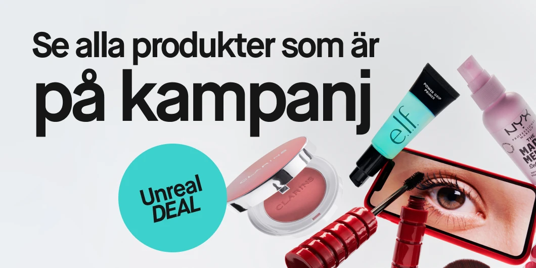 Se alla produkter som är på kampanj. Bilden visar en rouge från Clarins, en primer från e.l.f., en setting spray från NYX, en ögonfransböjare och en mobiltelefon som visar ett närbild av ett öga med mascara. Texten "Unreal DEAL" är placerad i en turkos cirkel.