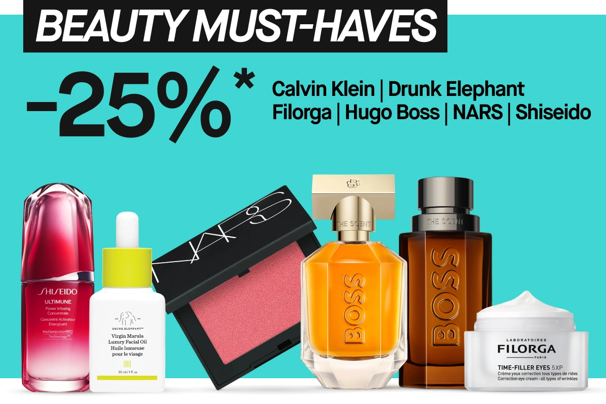 Turkoosi kampanjakuva, jossa tekstit “BEAUTY MUST-HAVES” ja “25%*”. Näkyvissä olevat brändit ovat Calvin Klein, Drunk Elephant, Filorga, Hugo Boss, NARS ja Shiseido. Alareunassa näkyy kauneustuotteita: Shiseido Ultimune Power Infusing Concentrate -seerumi, Drunk Elephant Virgin Marula Luxury Facial Oil -kasvoöljy, NARS-poskipuna vaaleanpunaisessa sävyssä, kaksi Hugo Boss The Scent -hajuvettä sekä Filorga Time-Filler Eyes 5XP -silmänympärysvoide.