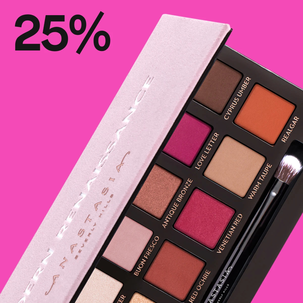 Anastasia Beverly Hills øyenskyggepalett med forskjellige farger, mot en rosa bakgrunn med teksten "25%" i svart.
