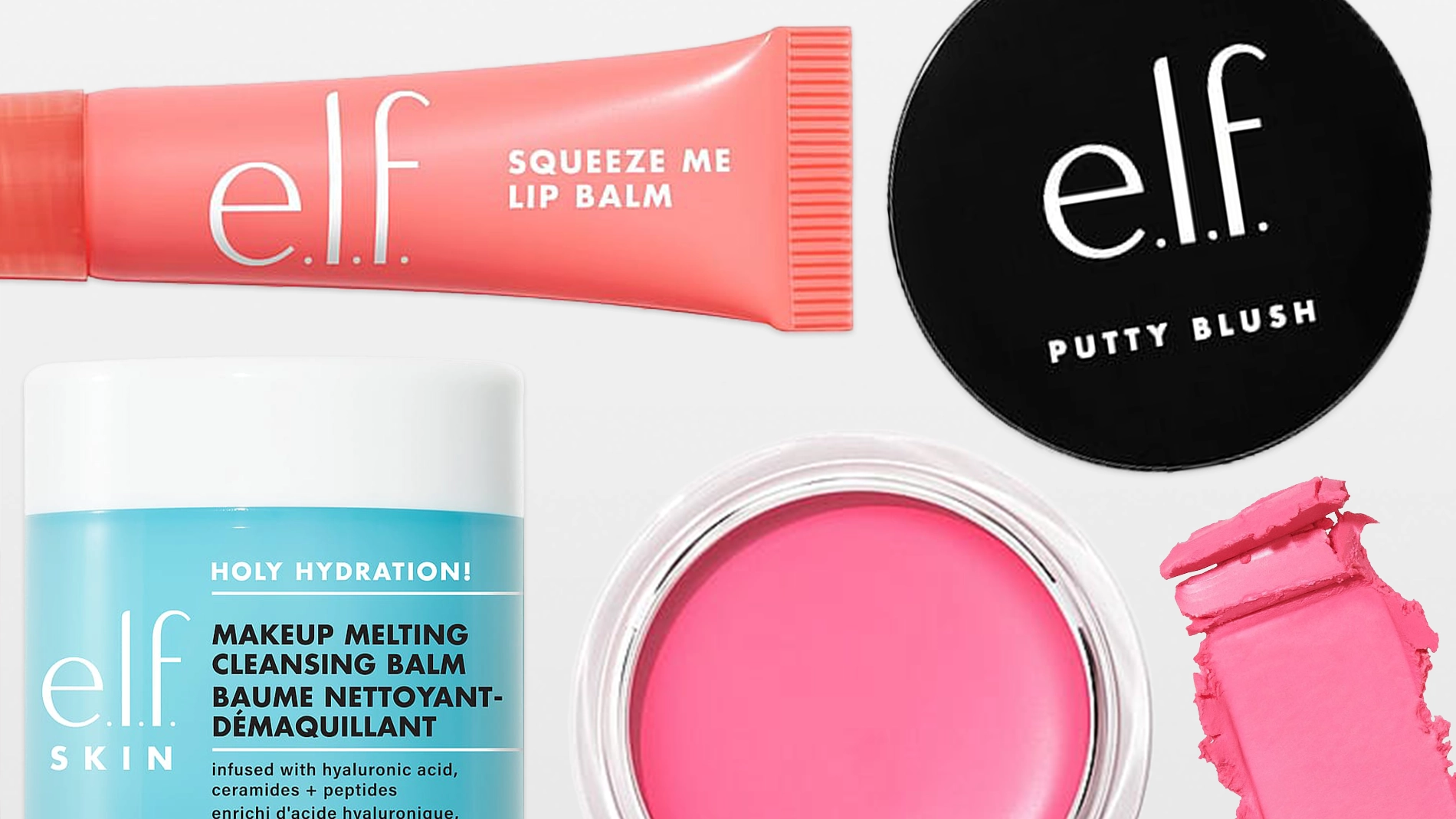 Produktbild med flera e.l.f.-produkter på ljus bakgrund: en tub med läppbalsam, en burk rengörande balm med blå etikett, en öppen burk med rosa krämprodukt, ett svart runt lock med e.l.f.-logotyp samt ett utstruket rosa krämprov i mitten.