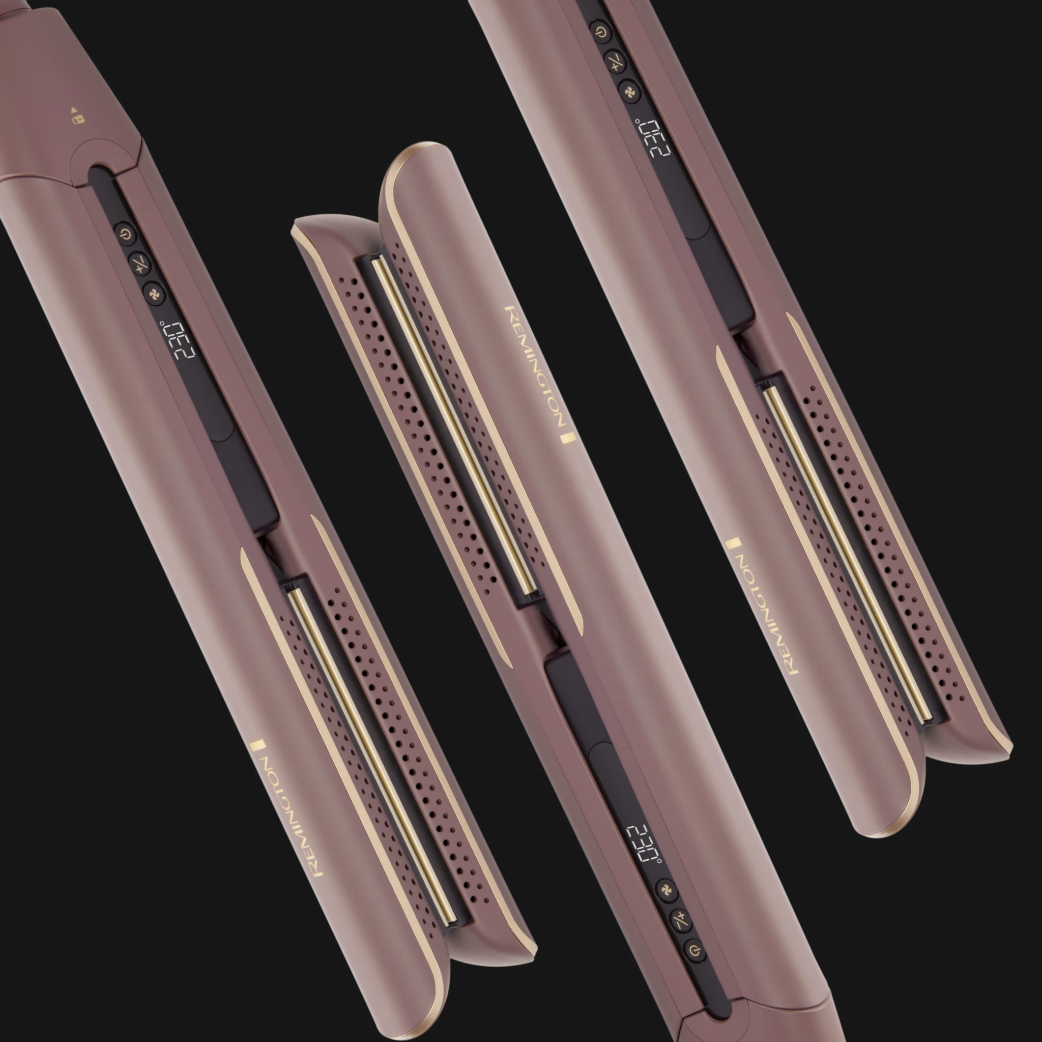Remington rettetenger i rosa metallicdesign med digitalt display mot svart bakgrunn. Synlig tekst inkluderer “REMINGTON” og temperaturvisningen “230”.