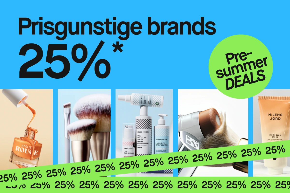 Kampanjebilde med teksten “Prisvärd beauty 25%” og en grønn sirkel med “Pre-summer DEALS”, som viser flere produkter som “Atelier Rouge” neglelakk, sminkekoster, “Matas Striber Mild Micellar Water”, “Hyaluron Body Lotion” og “Nilens Jord Hydra Glow SPF 15”, delvis dekket av en grønn banner med gjentatt “25%”.
