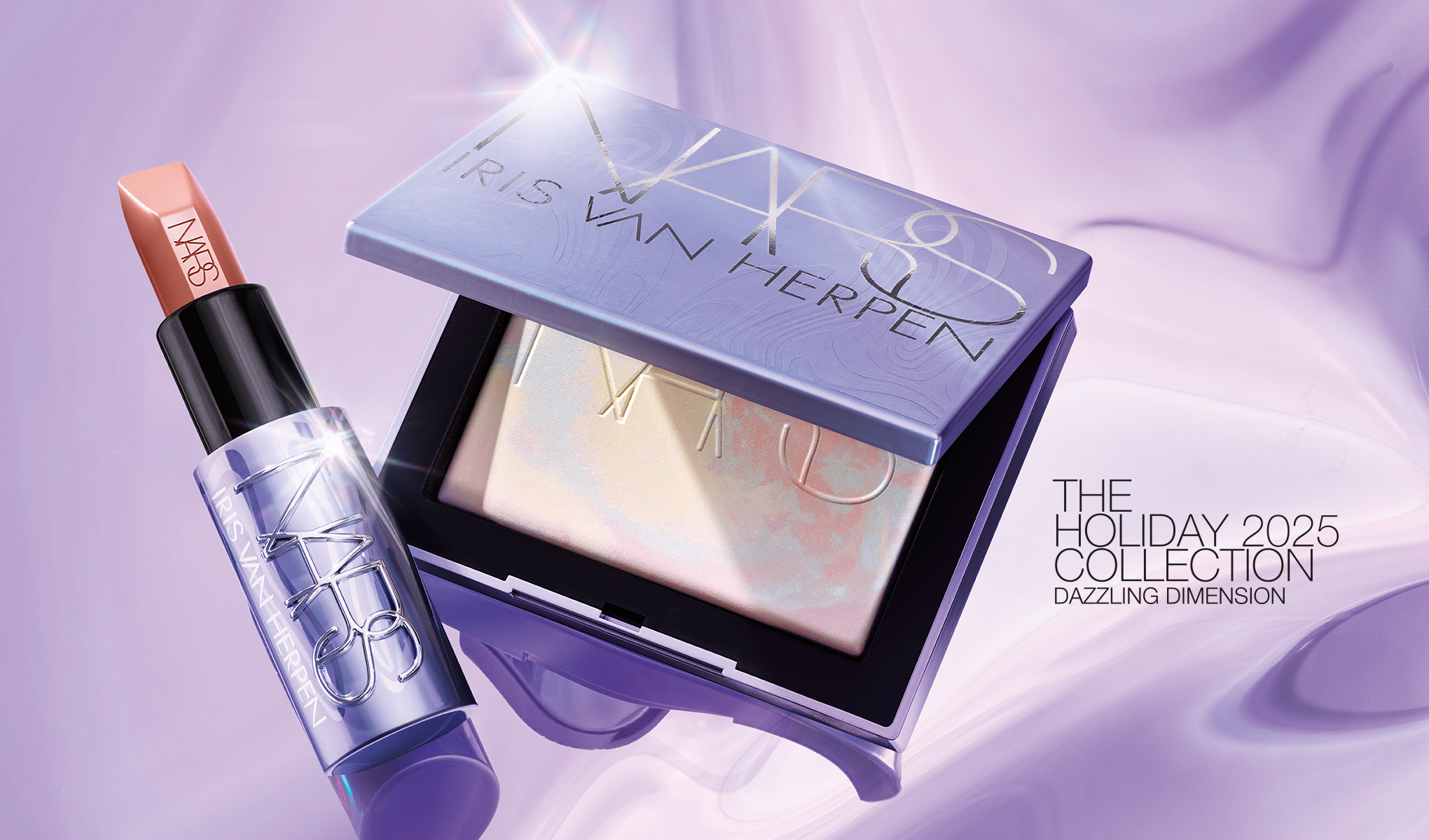 NARS Iris Van Herpen-kollektion: Holiday 2025-kollektionen - Bländande dimension. Innehåller läppstift och highlighter.