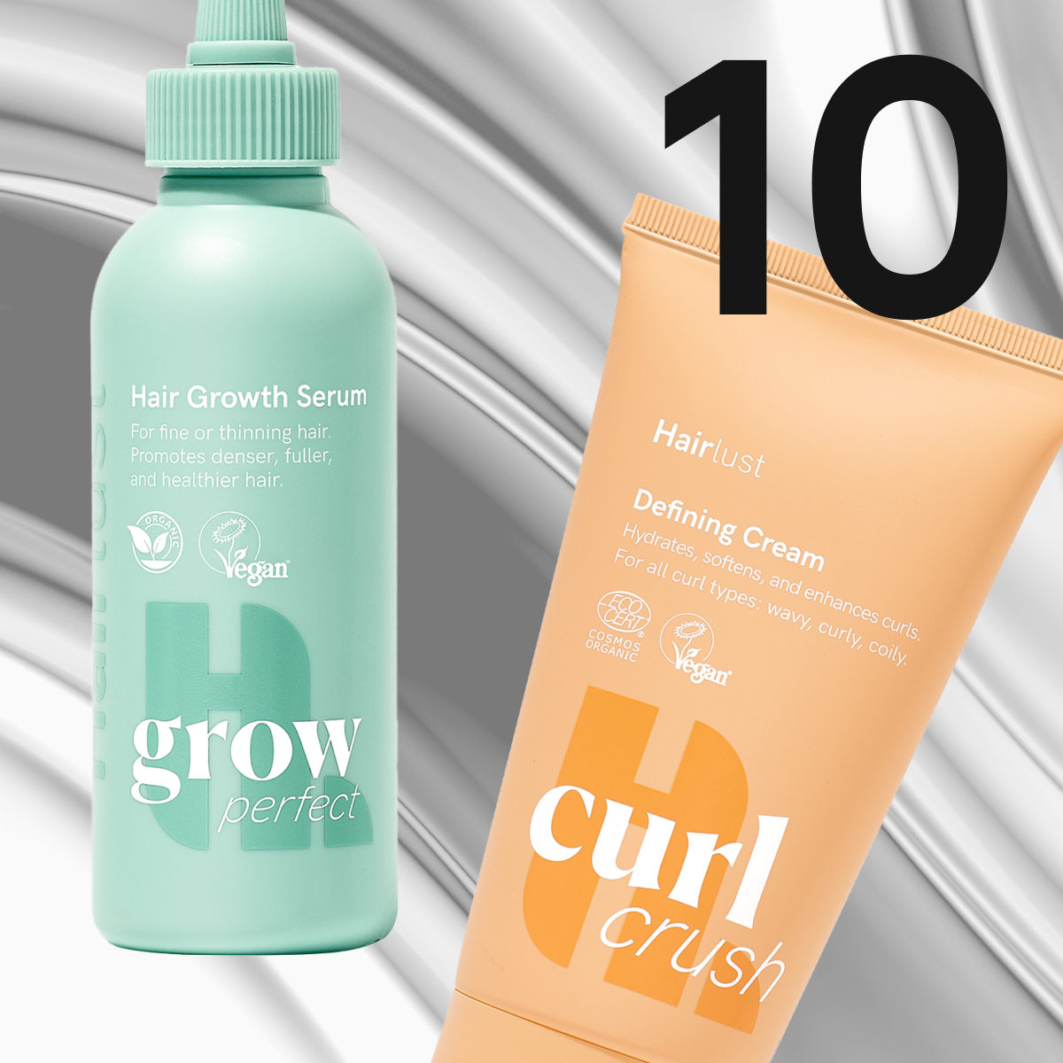 Bilde som viser en reklame for en kampanje med 30% rabatt ved kjøp av to produkter fra Hairlust. En grønn flaske med Hairlust Grow Perfect Serum og en oransje flaske med Hairlust Curl Crush Defining Cream er synlige. Teksten "Hairlust" er synlig i en rød rektangel. Bakgrunnen er grå med hvite detaljer.