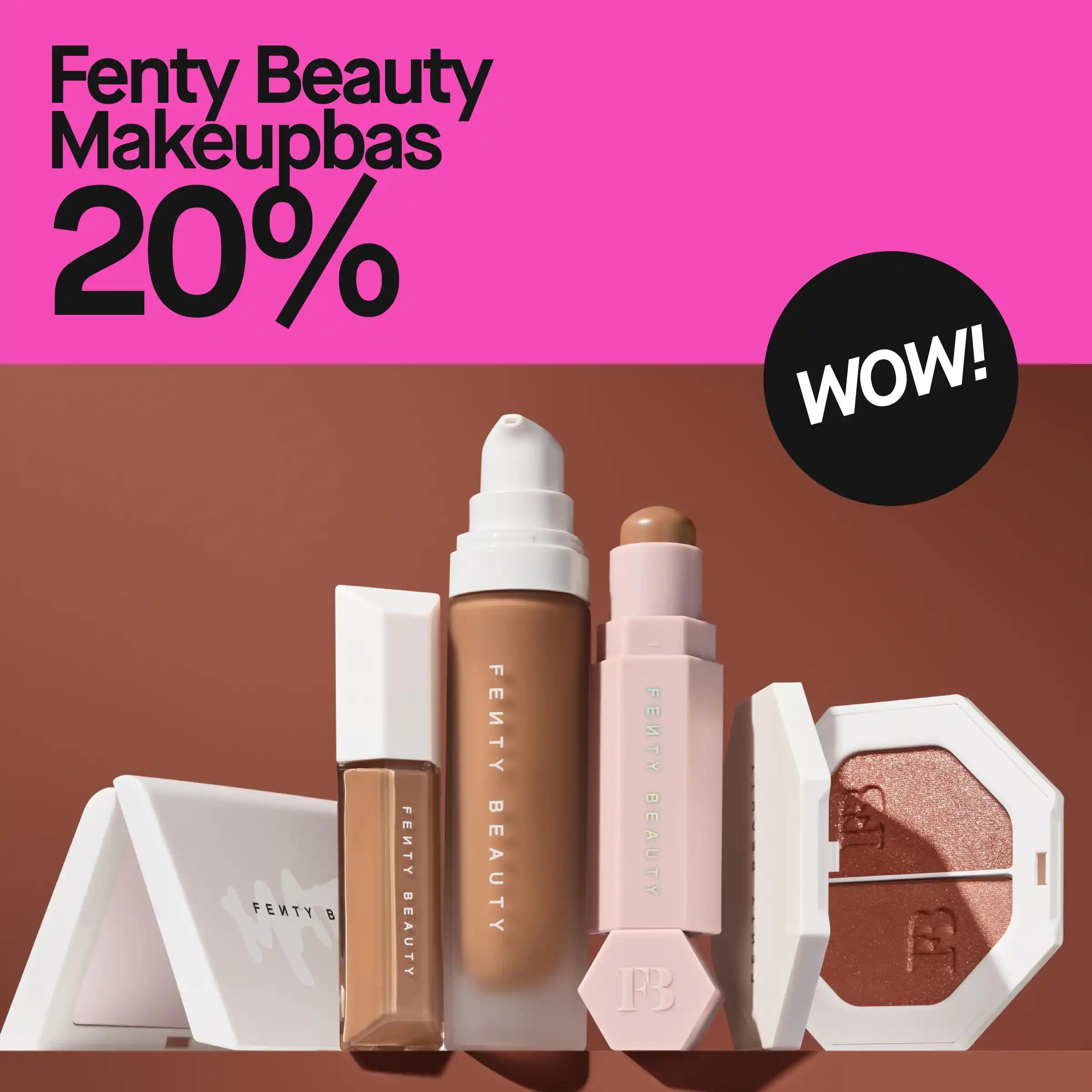 Fenty Beauty sminkprodukter inklusive foundation, concealer, highlighter och ögonskugga, med en text som annonserar 20% rabatt.