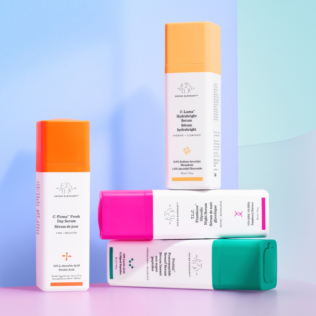 Neljä Drunk Elephant -tuotetta: "C-Firma Fresh Day Serum", "C-Luma Hydrabright Serum", "T.L.C. Framboos Glycolic Night Serum", "Protini Polypeptide Cream".