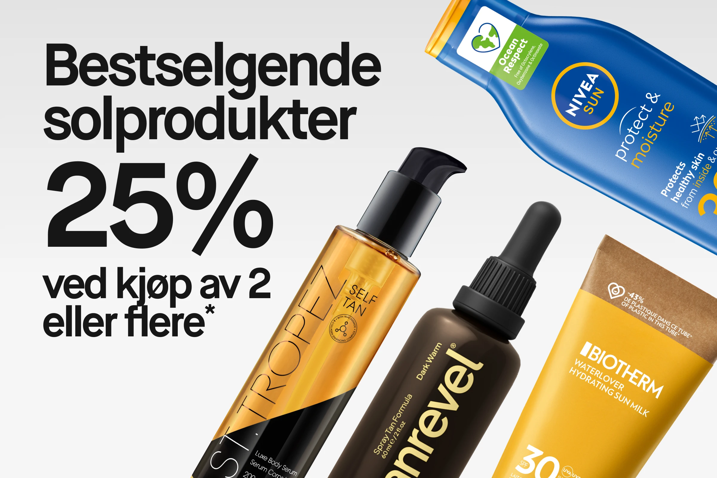 Kampanjebilde med teksten “Bästsäljande solprodukter 25% vid köp av 2 eller fler*” sammen med St.Tropez Self Tan, Tanrevel spray og Biotherm Waterlover Hydrating Sun Milk SPF 30 samt ACO Sun Face Cream SPF 50.