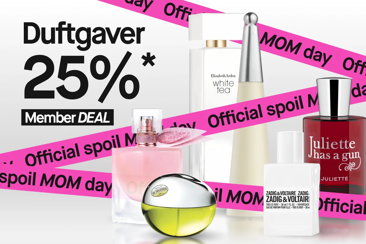 Kampanjebanner med teksten «Duftgaver 25% Member DEAL» og flere parfymeflasker, inkludert Elie Saab Girl of Now, DKNY Be Delicious, Elizabeth Arden White Tea, Issey Miyake L’Eau d’Issey, Zadig & Voltaire This Is Her og Juliette Has a Gun, på lys bakgrunn med rosa diagonale bånd.