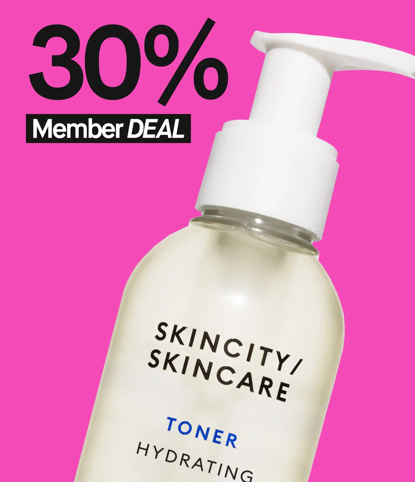 Skincity Skincare återfuktande toner med 30% rabatt för medlemmar, mot en rosa bakgrund.