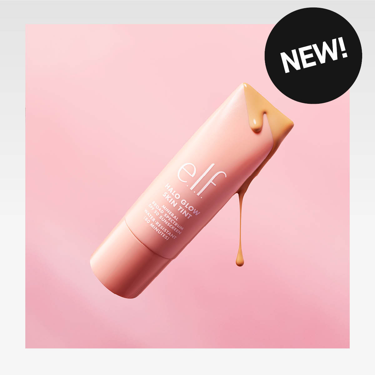 Ny e.l.f. Halo Glow Skin Tint foundation med rosa bakgrund.