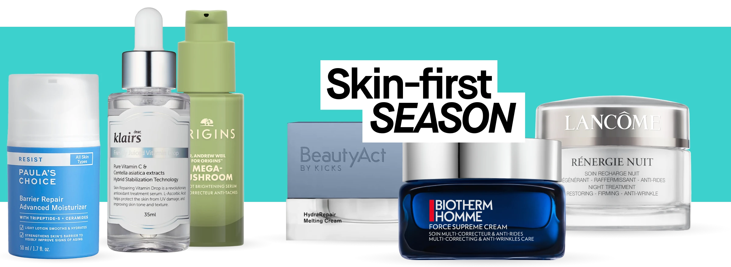 Hudpleieprodukter i ulike størrelser og emballasjer, inkludert serumflasker og kremkrukker, arrangert mot turkis bakgrunn med teksten «Skin-first SEASON».