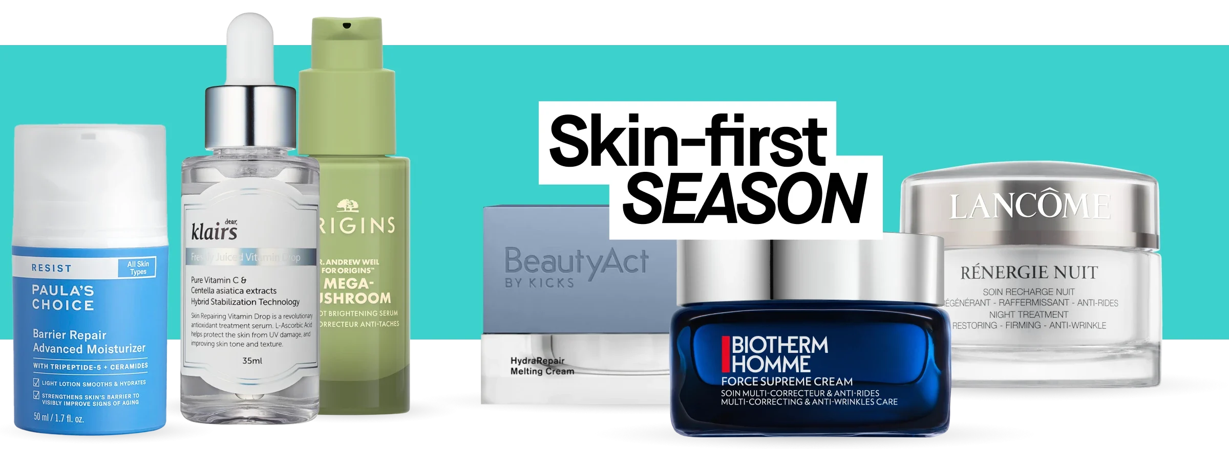 Hudpleieprodukter i ulike størrelser og emballasjer, inkludert serumflasker og kremkrukker, arrangert mot turkis bakgrunn med teksten «Skin-first SEASON».