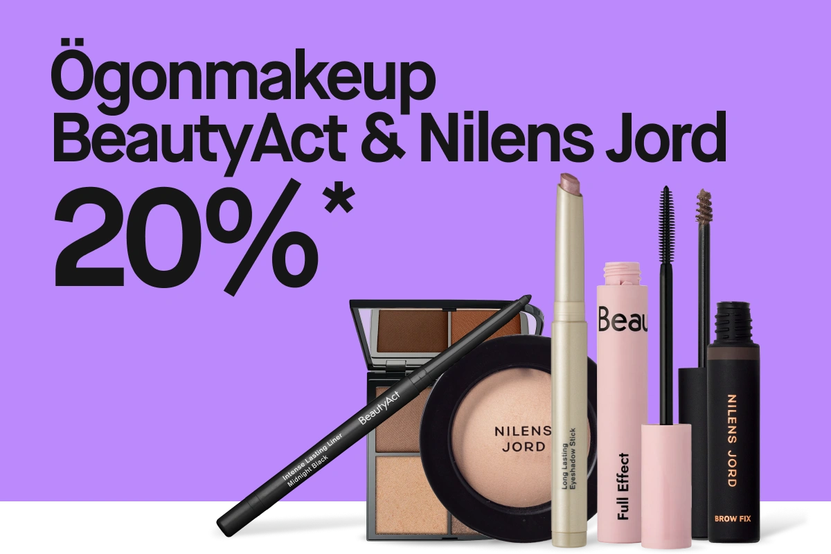 Texten “Ögonmakeup BeautyAct & Nilens Jord 20%*” visas tillsammans med ögonmakeup-produkter som ögonskuggspalett, eyeliner, puder, Long Lasting Eyeshadow Stick, Full Effect mascara och Brow Fix.