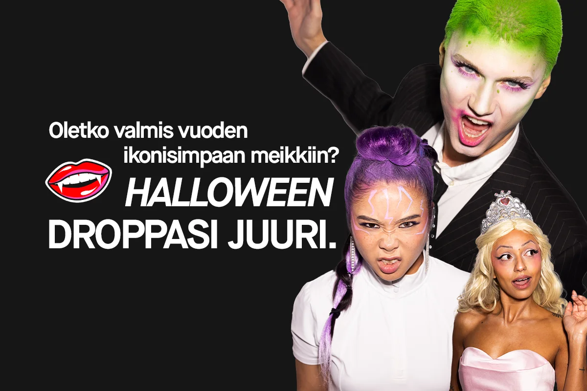 Kolme henkilöä pukeutuneena Halloween-asuihin. Vasemmalla henkilö, jolla on vihreä hiusväri ja musta puku. Keskellä henkilö, jolla on violetti hiusväri ja valkoinen paita. Oikealla henkilö, jolla on vaalea peruukki ja vaaleanpunainen mekko sekä tiara.