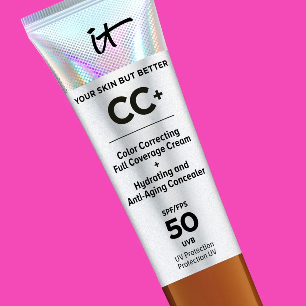 genväg till concealer, rosa bakgrund, bild på IT-Cosmetics Color Correcting Full Coverage + Hydrating and anti-aging concealer