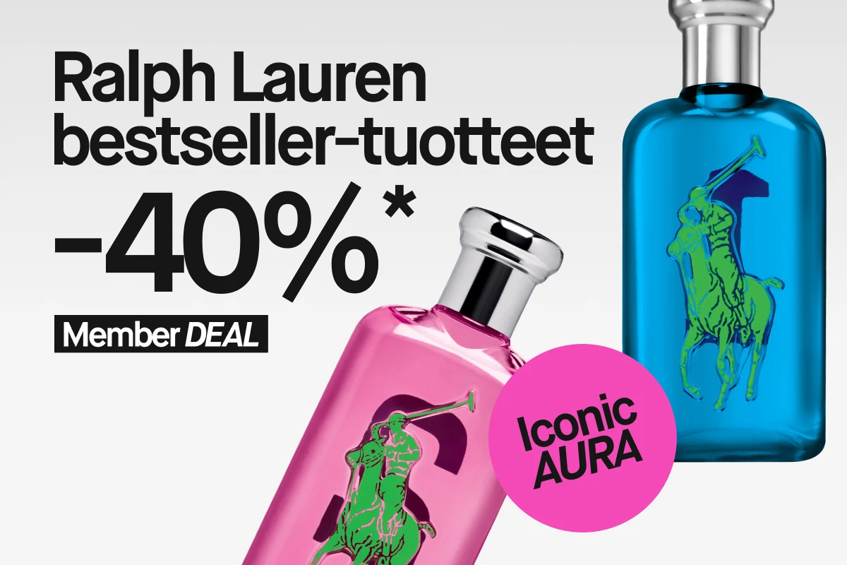 Ralph Lauren -parfyymipullot vaaleanpunaisessa ja sinisessä lasipullossa kuvattuna viistosti, mukana kampanjateksti ”Ralph Lauren bestsellerit 40%* Member DEAL” ja vaaleanpunainen ympyrä tekstillä ”Iconic AURA”.