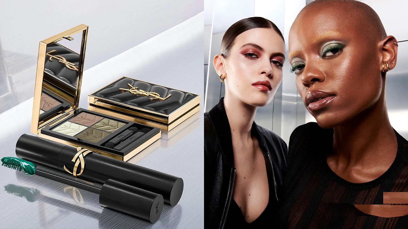 Yves Saint Laurent sminkset och två personer i eleganta kläder.