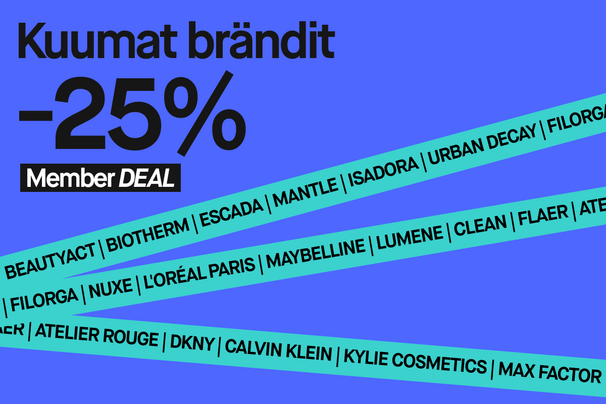 Kuumat brändit -25% Member DEAL. Kuvassa sinisellä taustalla mustaa tekstiä, jossa mainitaan alennus ja brändit kuten BeautyAct, Biotherm, Escada, Mantle, Isadora, Urban Decay, Filorga, Nuxe, L'Oréal Paris, Maybelline, Lumene, Clean, Flaer, Atelier Rouge, DKNY, Calvin Klein, Kylie Cosmetics ja Max Factor.