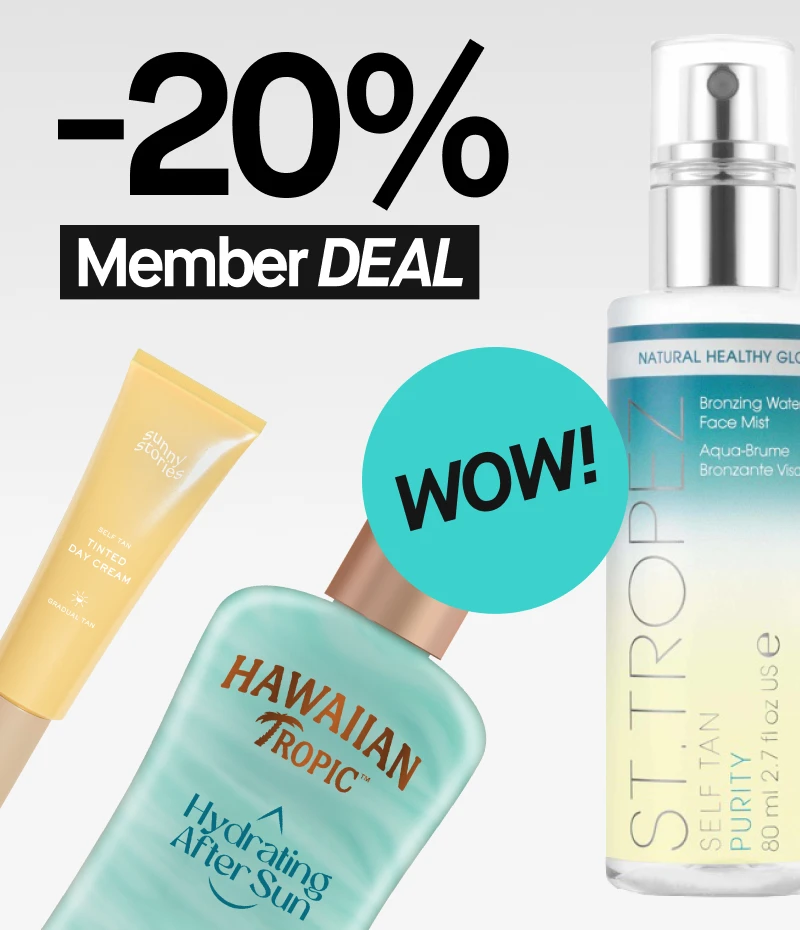 Kolme ihonhoitotuotetta: Sunny Stories Tinted Day Cream, Hawaiian Tropic Hydrating After Sun ja St. Tropez Bronzing Water Face Mist. Kuvassa näkyy myös teksti "-20% Member DEAL" ja "WOW!".