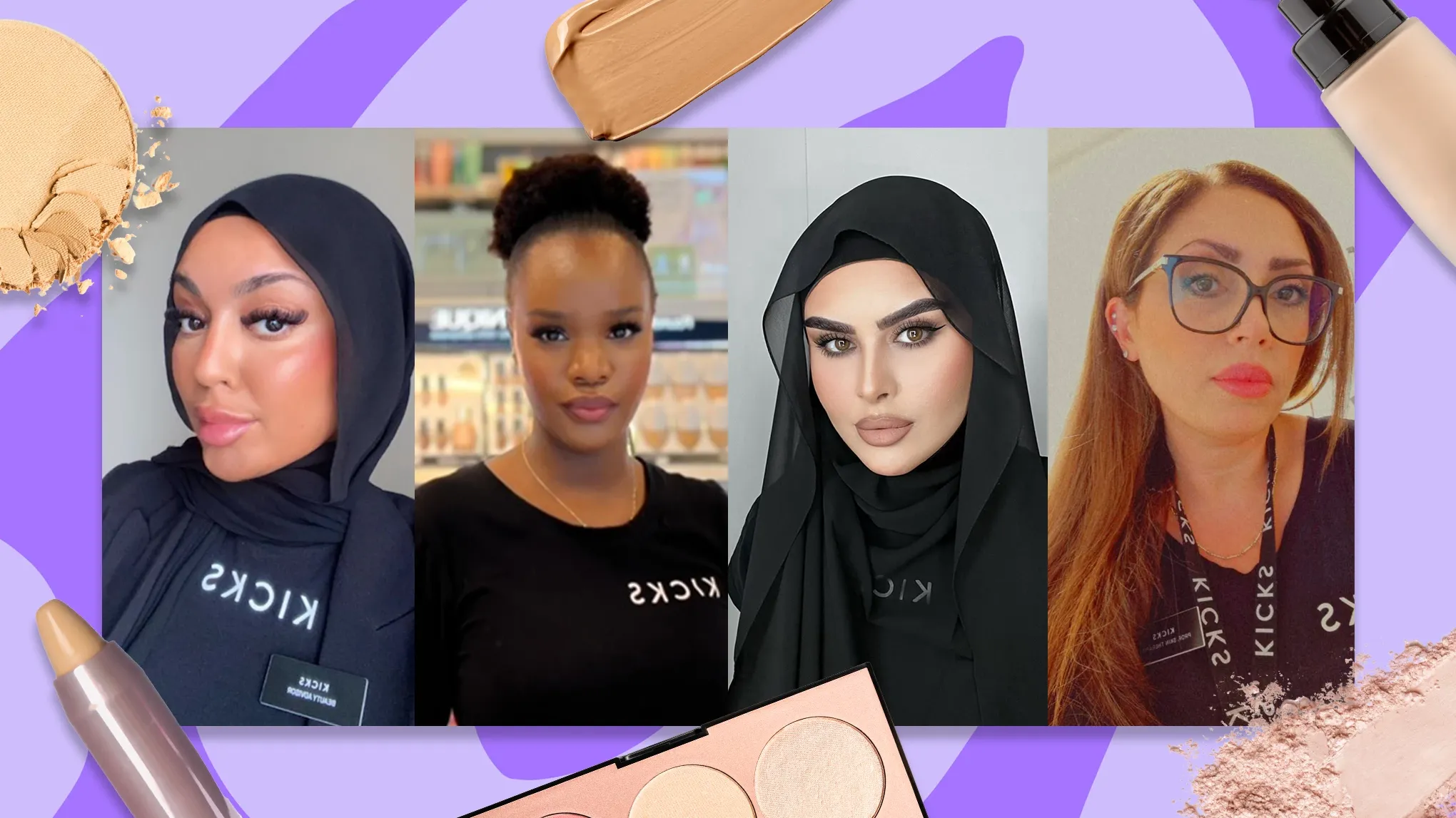 Fyra personer klädda i KICKS-uniformer står mot en bakgrund med sminkprodukter.
