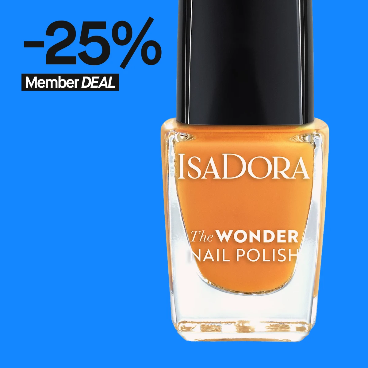 IsaDora The Wonder Nail Polish -kynsilakkapullo oranssissa sävyssä. Kynsilakkapullossa on musta korkki, ja se näkyy kirkkaan sinistä taustaa vasten, jossa teksti '25% Member DEAL' mustalla ja valkoisella.