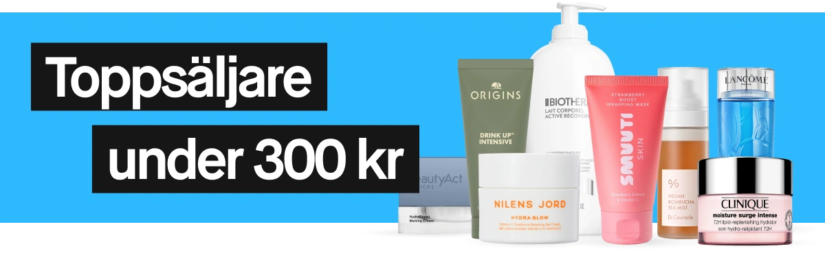 Texten “Toppsäljare under 300 kr” visas på blå bakgrund bredvid ett urval av hudvård och beautyprodukter från Origins, Biotherm, Nilen Jord, Smuuti Skin, Lancôme, Clinique, BeautyAct och Dr Ceuracle, inklusive ansiktskräm, serum, mask och body lotion. Produkterna står uppradade med synliga förpackningar och varumärken.