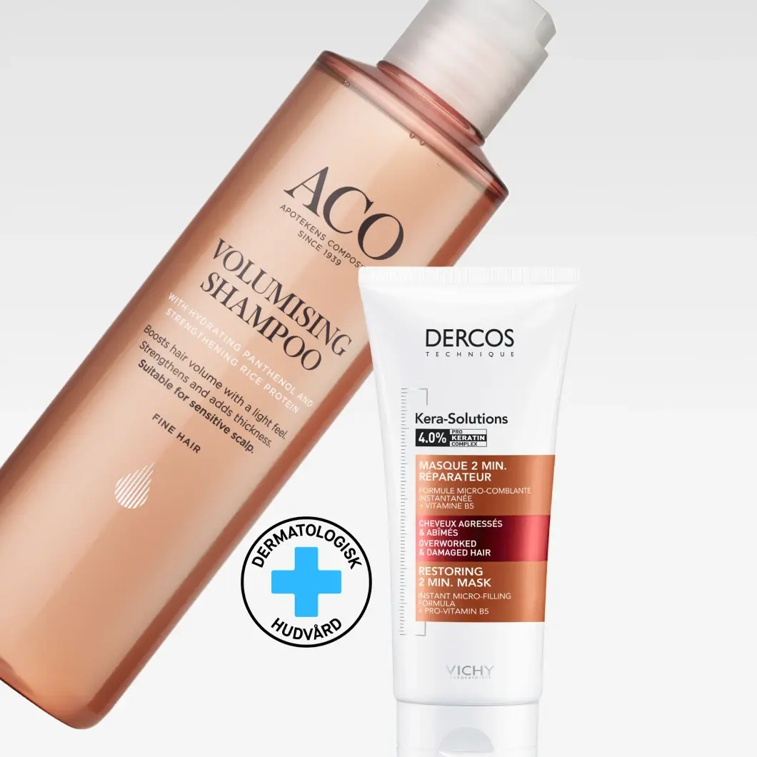 Dermatologisk hårvård med ACO Volumising Shampoo för fint hår, med återfuktande panthenol och stärkande risprotein, samt Vichy Dercos Technique Kera-Solutions 4.0% Pro Keratin Complex Restoring 2 Min. Mask för överarbetat och skadat hår, med pro-vitamin B5.