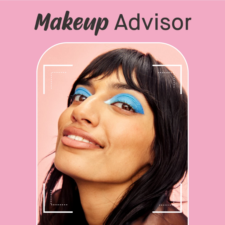  En person med mörkt hår mot en rosa bakgrund under texten "Makeup Advisor".