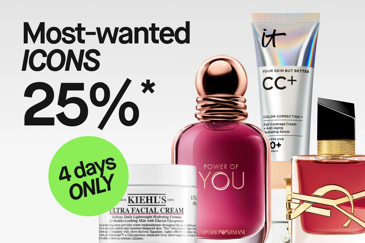 Kampanjebilde med teksten «Populära brands 25%*» og den turkise markeringen «4 days ONLY». Produkter fra Kiehl’s Ultra Facial Cream, Emporio Armani Power of You, IT Cosmetics «YOUR SKIN BUT BETTER CC+» og Yves Saint Laurent-parfyme vises mot lys grå bakgrunn som del av et skjønnhetstilbud.