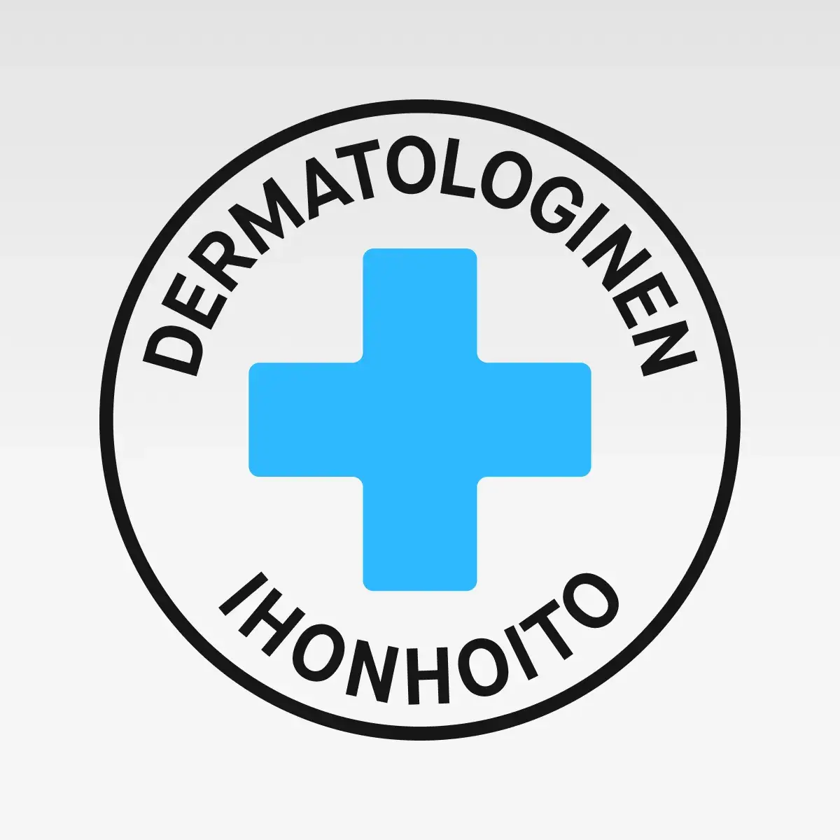 Pyöreä symboli sinisellä ristillä ja teksti “DERMATOLOGISK HUDVÅRD” mustalla.