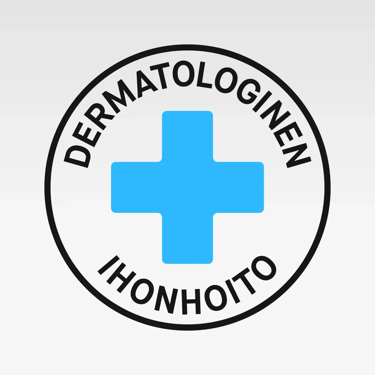 Pyöreä symboli sinisellä ristillä ja teksti “DERMATOLOGISK HUDVÅRD” mustalla.