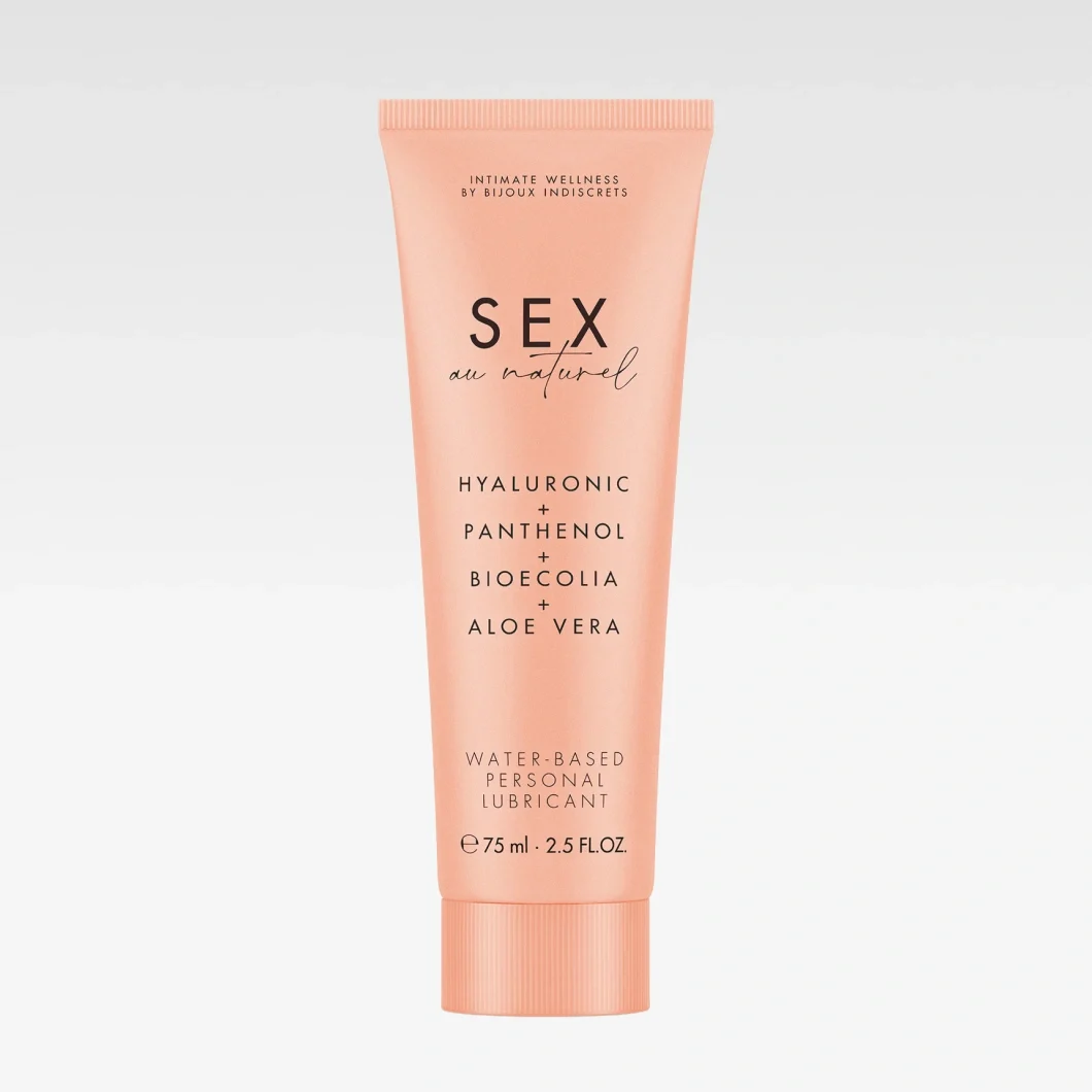 Rosa tube med SEX au naturel vannbasert glidemiddel fra Bijoux Indiscrets. Emballasjen viser teksten “HYALURONIC”, “PANTHENOL”, “BIOECOLIA”, “ALOE VERA” og “WATER-BASED PERSONAL LUBRICANT”.