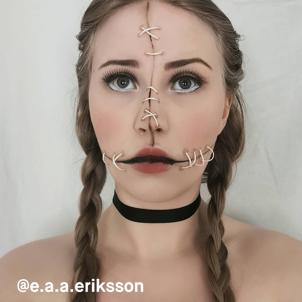 @e.a.a.eriksson pelottavassa Halloween-meikissä, jonka kasvoilla on yhteen ommeltuja osia.